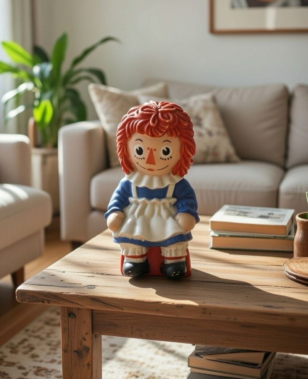 Vintage 1972 RAGGEDY ANN Plastic Piggy Bank BOBBS MERRILL MY TOY CO. Large 10.5"